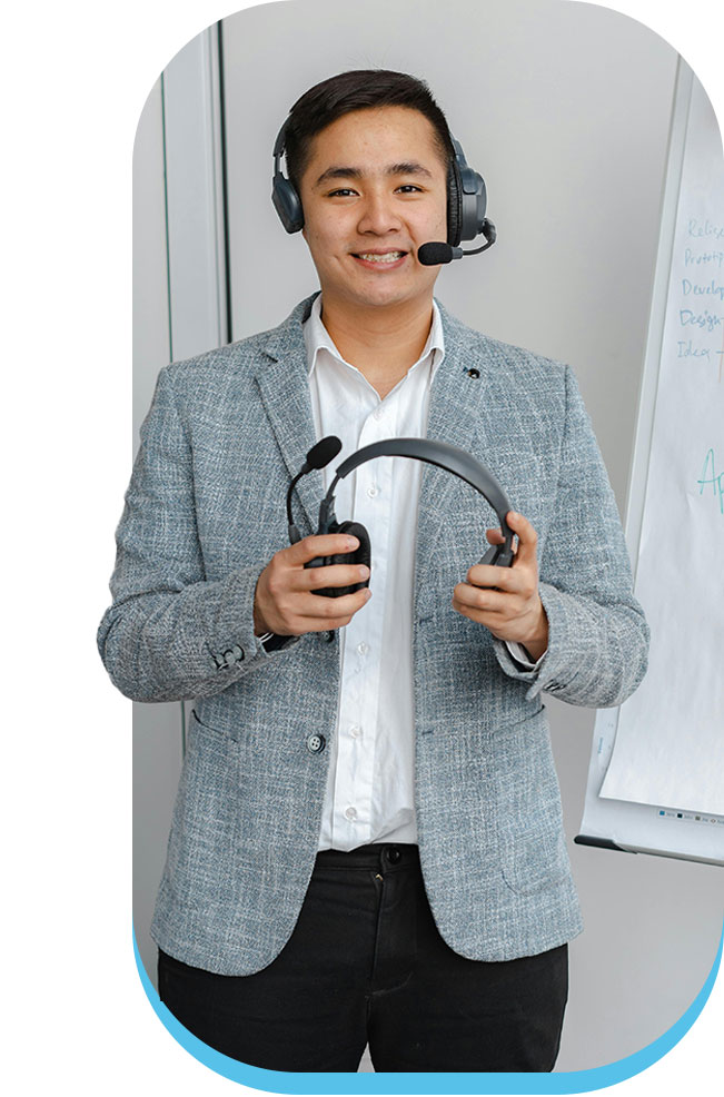 Man in call center headphones