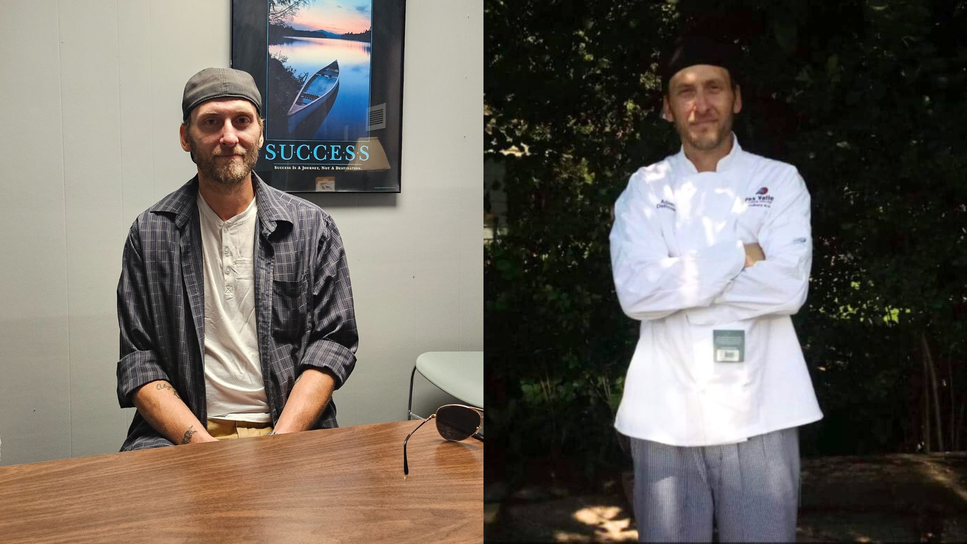 Adam is sitting next to a success poster. Another image shows Adam in his culinary work uniform.